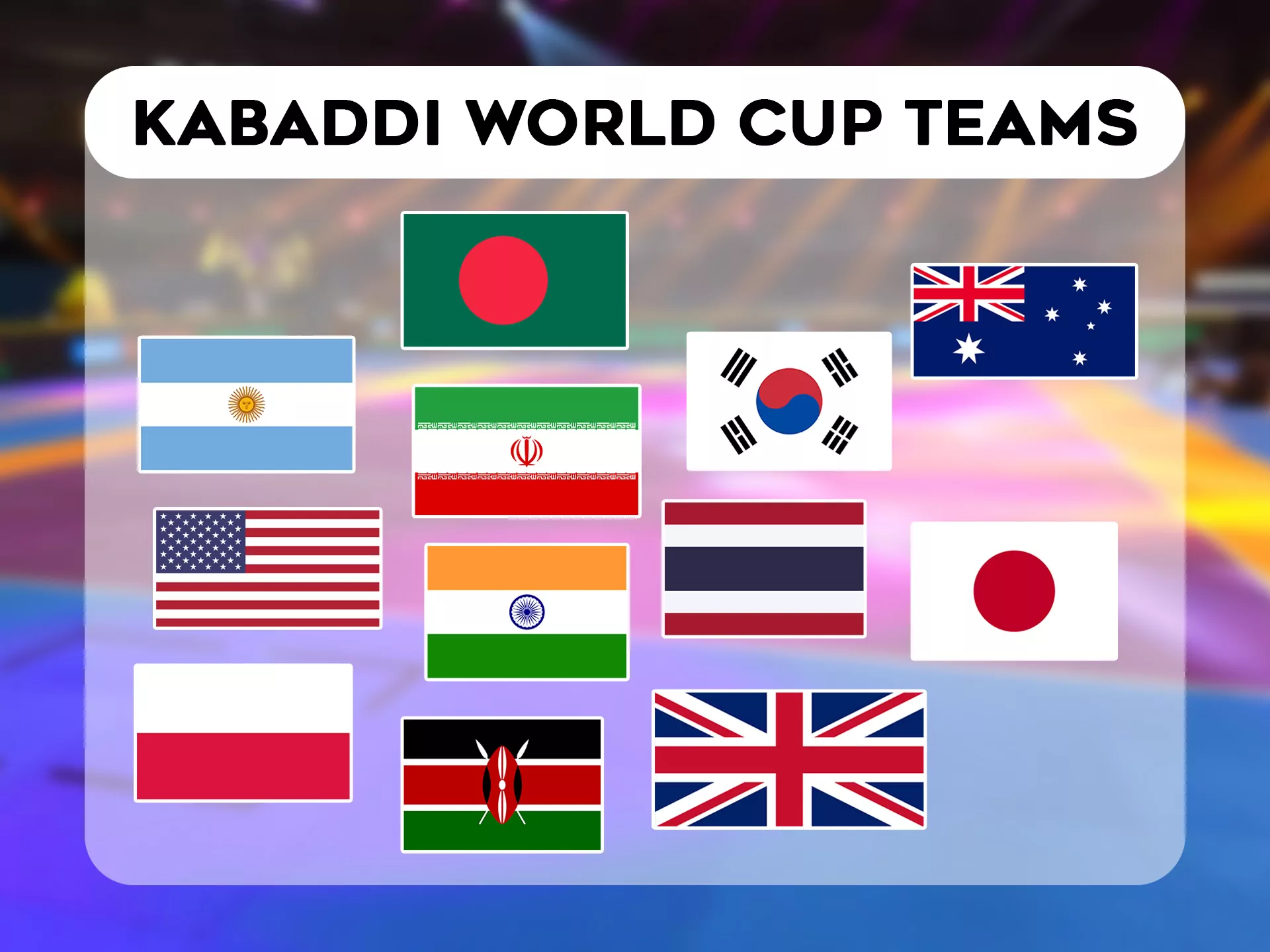Varied list of national kabaddi teams for bet on.